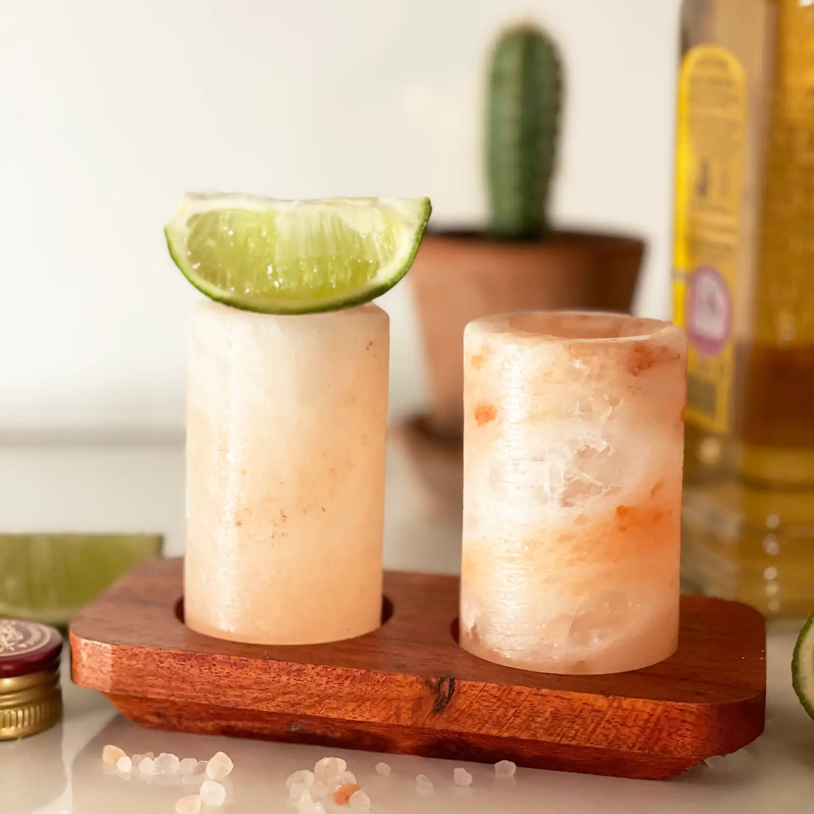 Set of 4 Himalayan Salt Shot Glasses & Wood Serving Stand - Image 5
