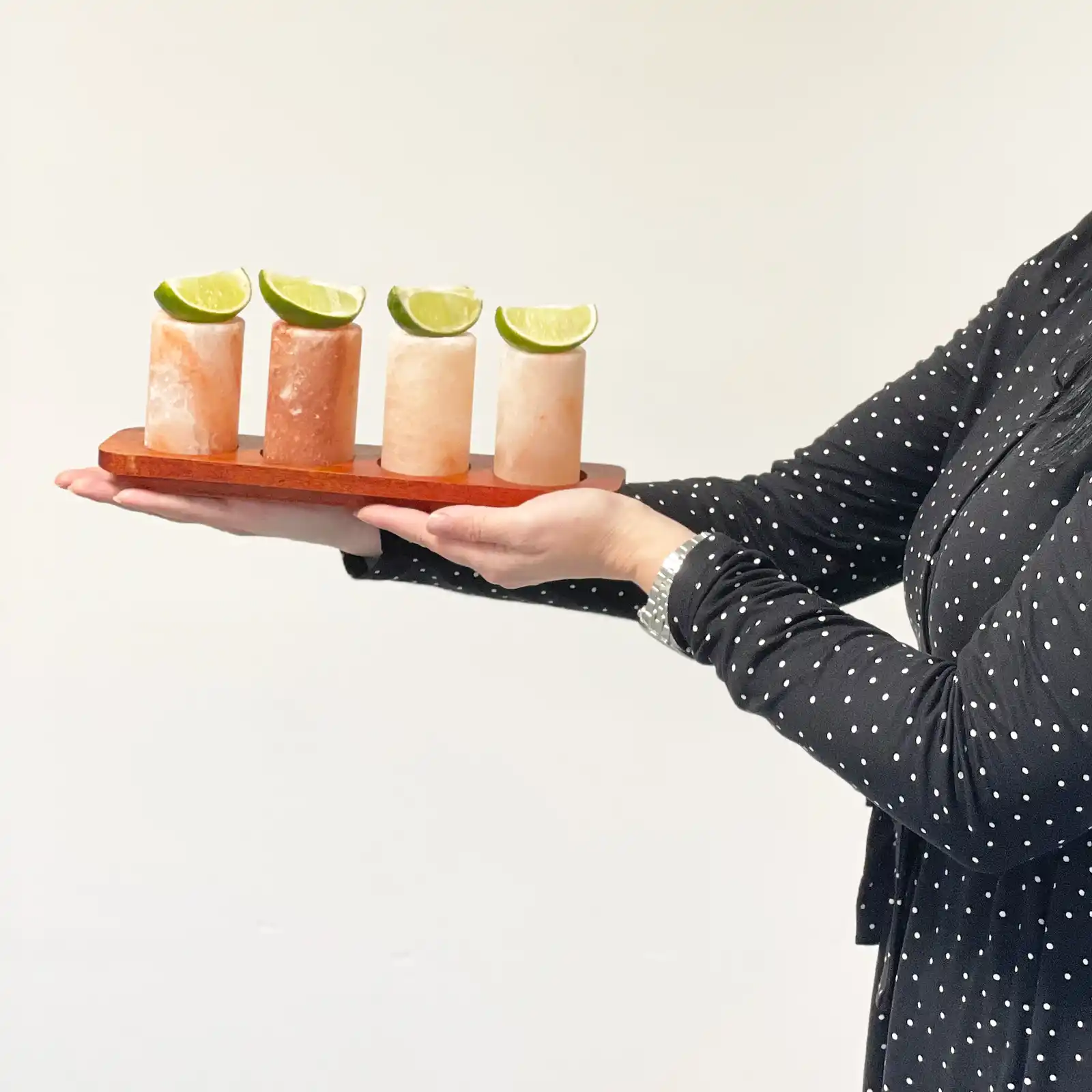 Set of 4 Himalayan Salt Shot Glasses & Wood Serving Stand - Image 4